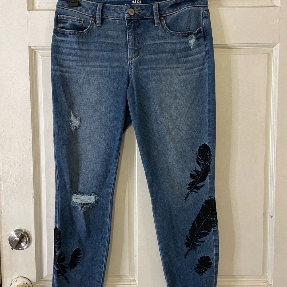 Anna Dark Blue Feather Pattern Straight Jeans ankle size 8